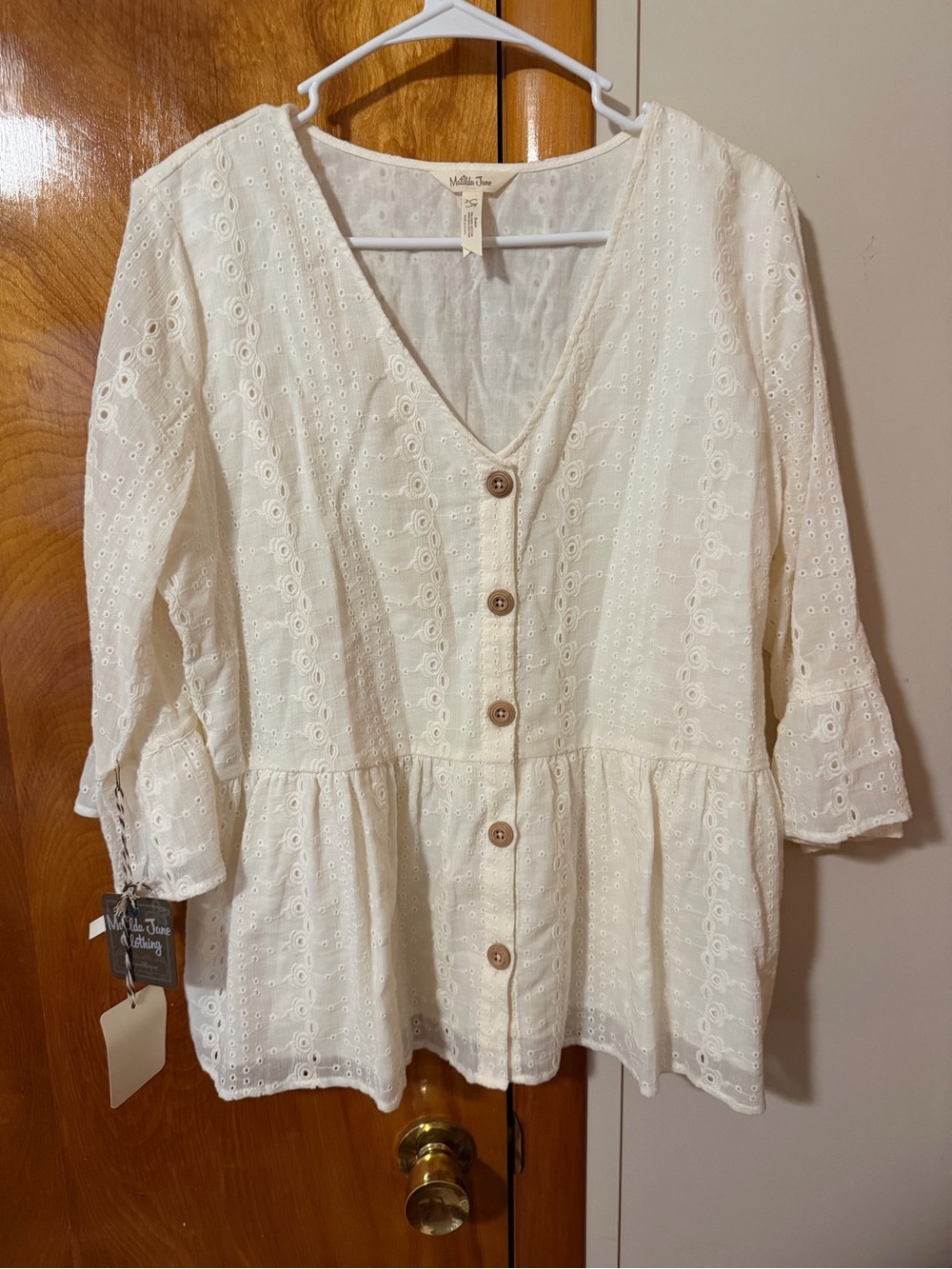 Matilda Jane Cream Eyelet Button-Front Peplum Tunic